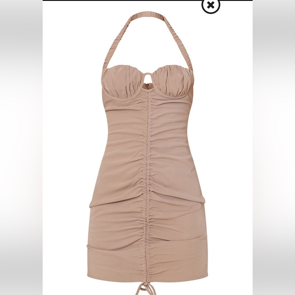 Taupe ruched front halter bodycon dress